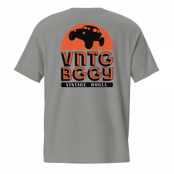 Steppin Pocket Tee | Orange and Black Front Pocket Log and Large Back Logo | Vintage Bugee Grey Relaxed Comfy Tee - Image 2