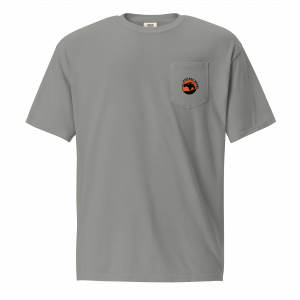 Steppin Pocket Tee | Orange and Black Front Pocket Log and Large Back Logo | Vintage Bugee Grey Relaxed Comfy Tee