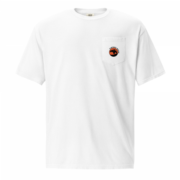 Steppin Pocket Tee | Orange and Black Front Pocket Log and Large Back Logo | Vintage Bugee Grey Relaxed Comfy Tee - Image 3